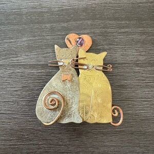 Artisan Cat Brooch Mixed Metal Copper Silver Modernist Whimsical Pin